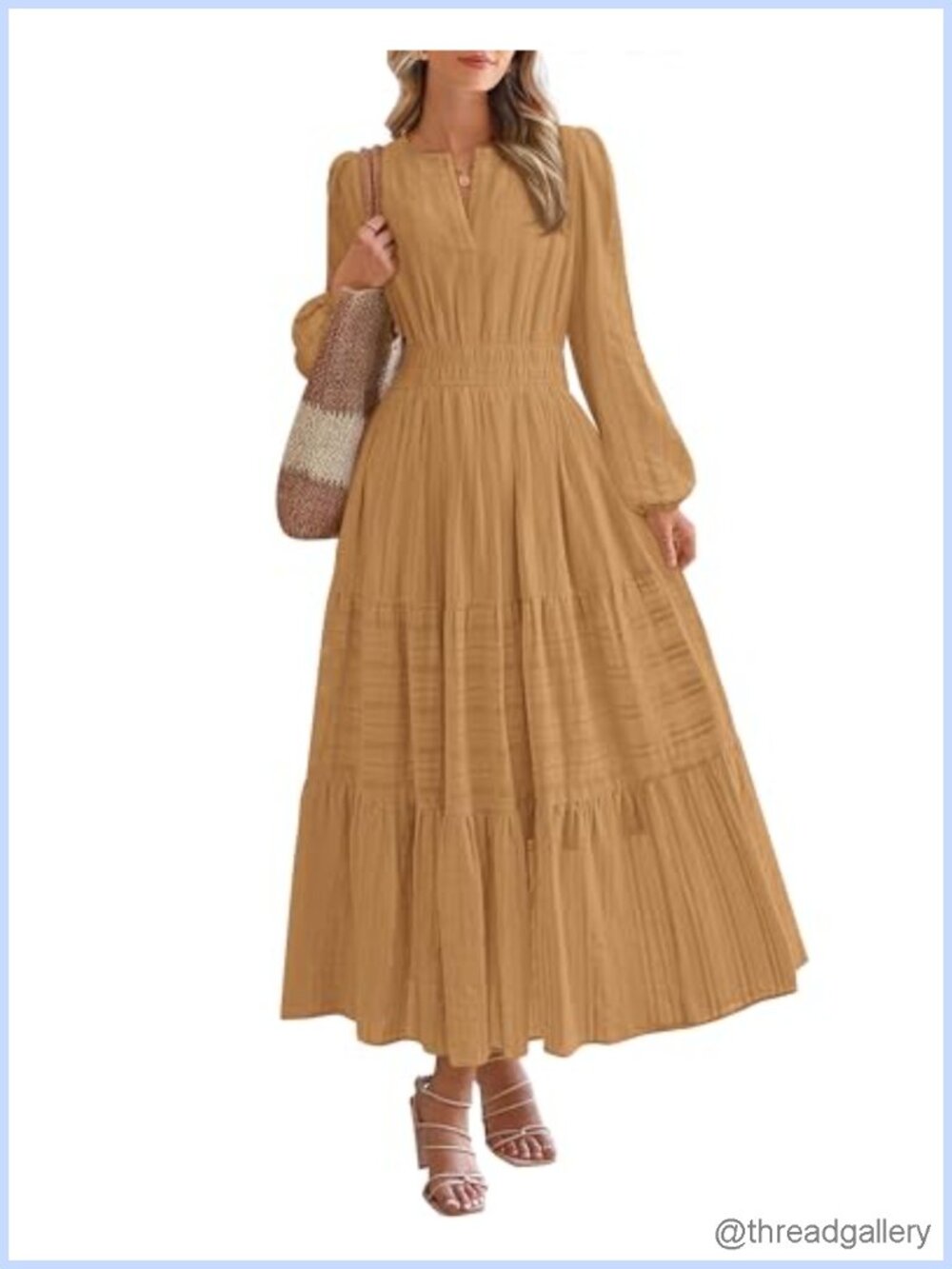 Womens Casual Long Sleeve V Neck Tiered Ruffle A Line Maxi Dress with Pockets